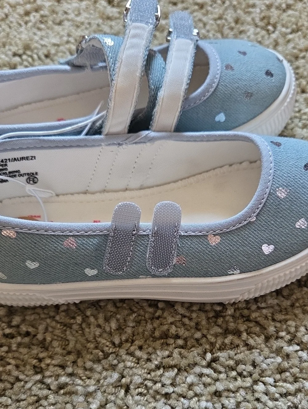Jellypop Size 12 Lt Blue Double-Strap Velcro Mary Jane Shoes W/Metallic Hearts
